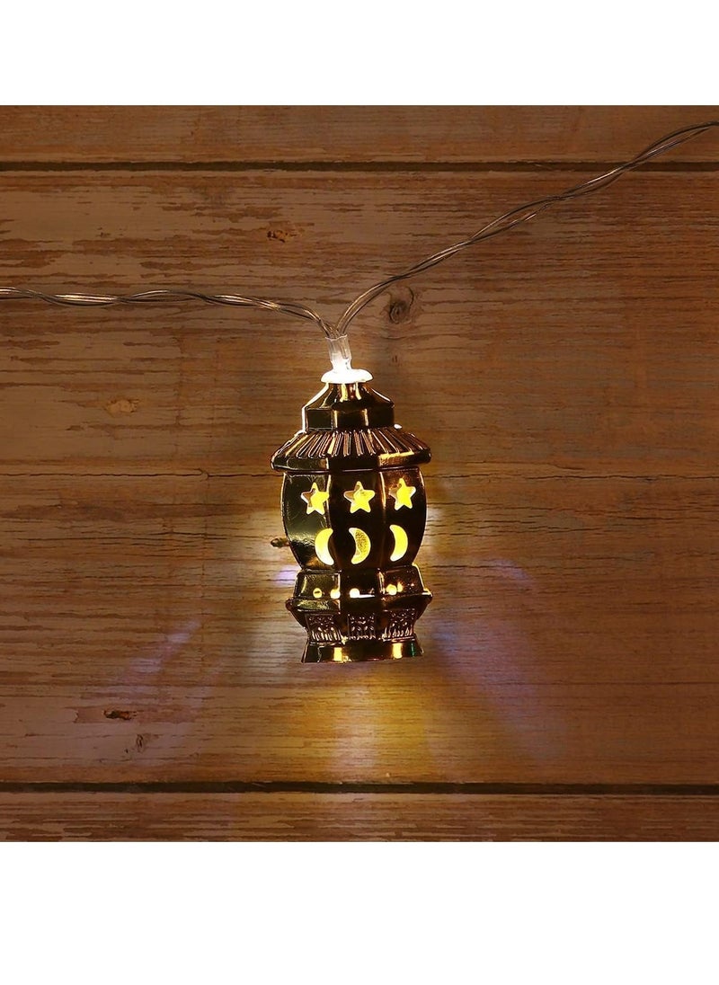 ماركة غير محددة سلسلة مصابيح رمضان الاسلامية الشمسية من 10 قطع، تتضمن مصباح LED ذهبي بتصميم فانوس القصر الذهبي، مناسبة للحفلات، للاحتفال  - Image 1