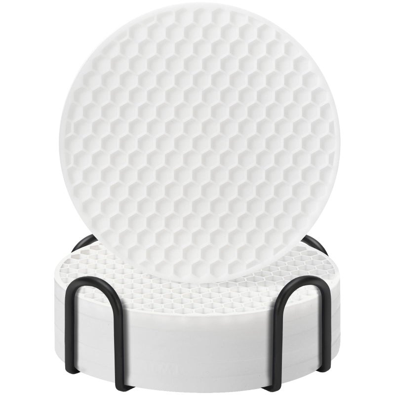 TWTLi Coasters Set of 6 with Holder Coasters for Drinks Coffee Table Decor Coaster Suitable for Kinds Cups Anti-Slip Non-Stick Silicone Cup Coaster and Living Room Decor (6 Pcs  White)  - Image 1
