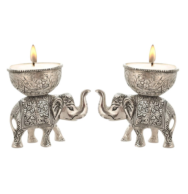 Houzzplus Handicraft Antique Elephant T Light Candle Holder Set of 2 Aluminium - Image 1