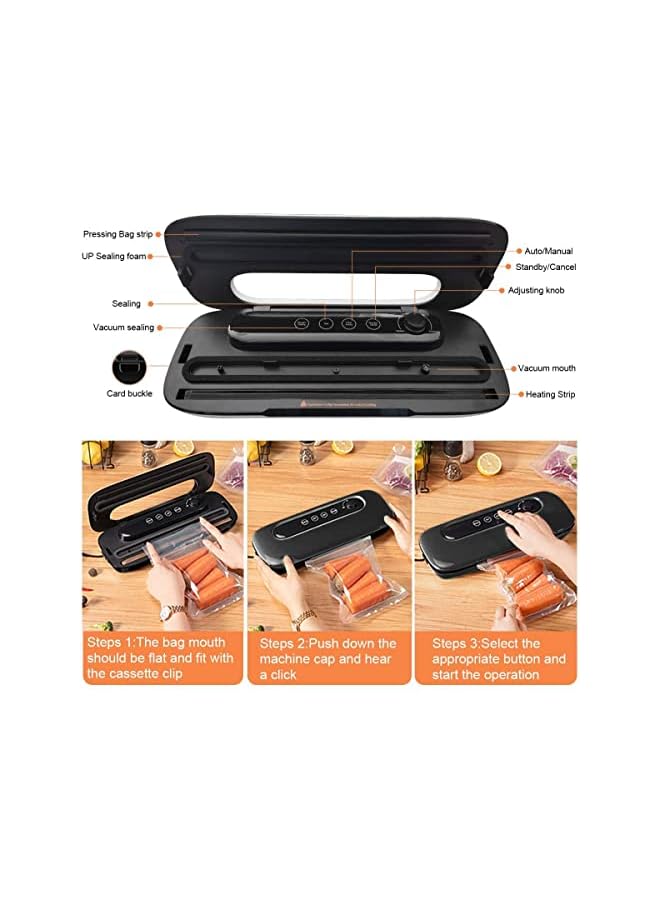 TLAXCA آلة ختم الفراغ، آلة حفظ الطعام الأوتوماتيكية، آلة ختم الطعام المحمولة الصغيرة المدمجة للغذاء الجاف والرطب والمجمد، أكياس الوجبات الخفيفة البلاستيكية، ضوضاء منخفضة، ضوء مؤشر LED، 6 أكياس فراغ - Image 3