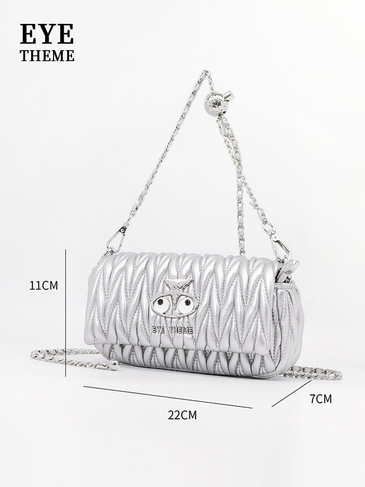 Lady And Girl'S High-Class Casual Chain Bag Flip Cover Embroidered Metallic Crossbody Bag Solid Color 2686# - Image 5