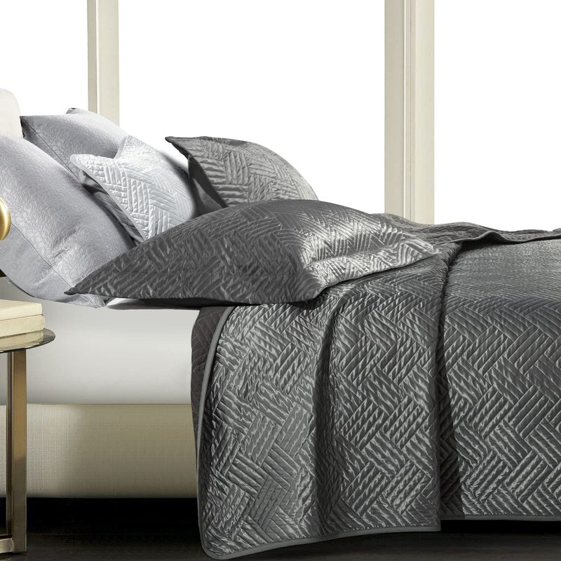 NTBAY NTBAY Queen Silk Satin Quilt Set Geometric Pattern Bedspread Luxury Quilted Coverlet Set for All Seasons1 Quilt 2 Pillow Shams Grey 