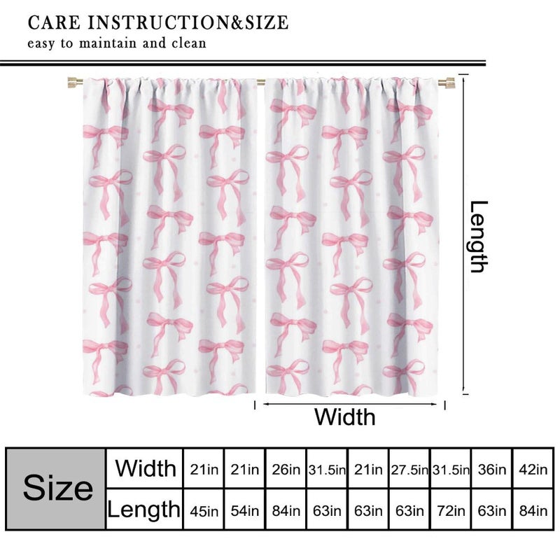 JanJCurt Pink Bow Curtains, Watercolor Cute Girls Pink Bow Modern Aesthetic Print Window Treatments for Kids Girl Bedroom Bathroom, 42x45in (No Blackout) - Image 2