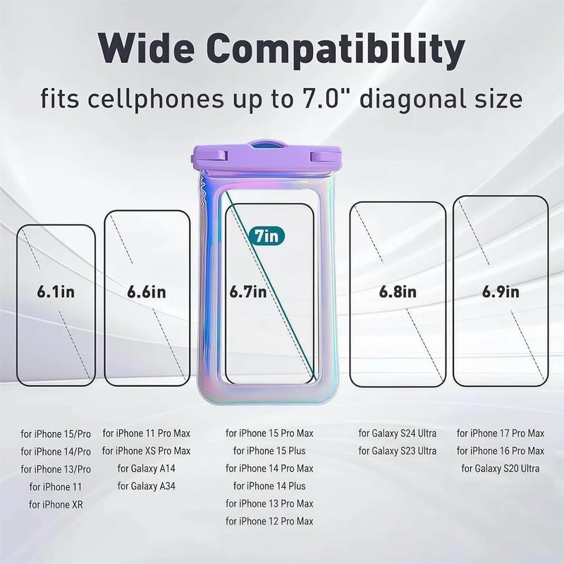Foweroty Floatable Waterproof Phone Pouch Case for iPhone 16 Pro Max/15/14/13/12, IP68 Travel Cellphone Dry Bag Beach Cruise Ship Essentials Bags with Crossbody Lanyard, Iridescent Purple-7″ - Image 2