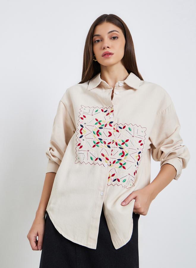 Styli Women Beige Embroidered Floral Long Sleeve Shirt - Image 3