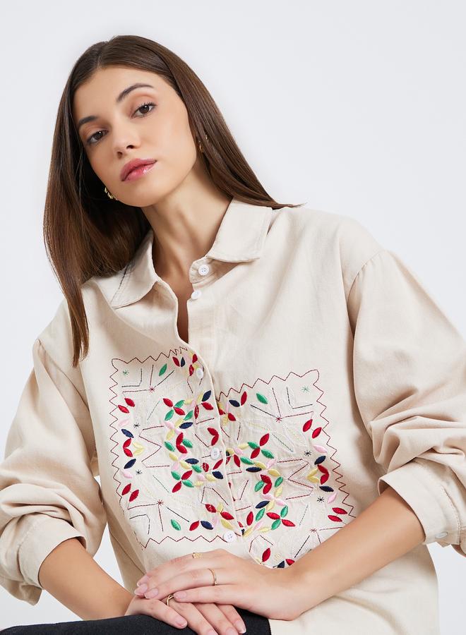 Styli Women Beige Embroidered Floral Long Sleeve Shirt - Image 1