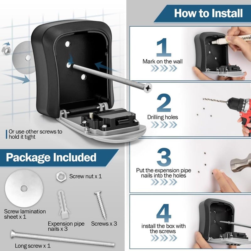 Wall Mounted Key Safe Box Waterproof Security Box Secret Combination for Outdoor Garage School 4 Digit Combination Lock Wall Mounted Key Storage Home - Image 3