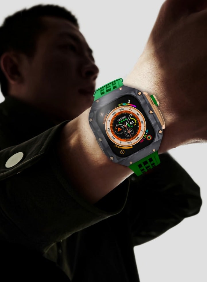 AROAQ Carbon Fiber Case For Apple Watch, 49mm Fluororubber Band Metal Bazel For Iwatch, Ultra Titanium Alloy Integrated Protective Case, (Carbon shell-black titanium frame-grey tape) - Image 4