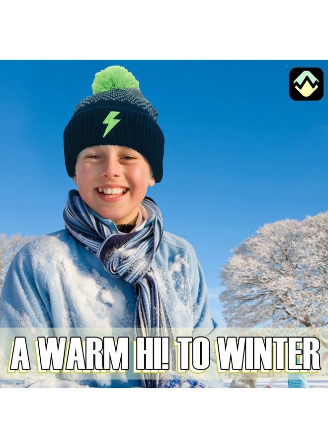 Peak 2 Peak Designed Weather Beanie Hat and Gloves Set Boys ages 4-12 Years, Navy Withgreen Pompom, 4-12 Years - Image 2