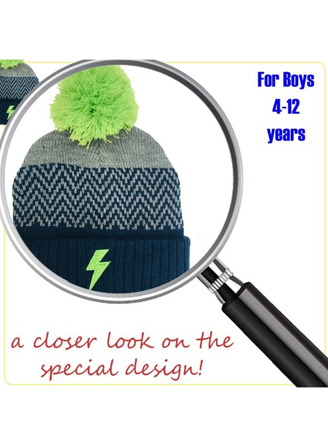 Peak 2 Peak Designed Weather Beanie Hat and Gloves Set Boys ages 4-12 Years, Navy Withgreen Pompom, 4-12 Years - Image 5