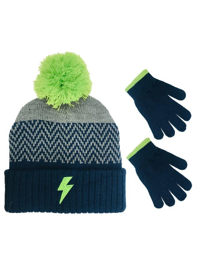 Peak 2 Peak Designed Weather Beanie Hat and Gloves Set Boys ages 4-12 Years, Navy Withgreen Pompom, 4-12 Years - Image 1