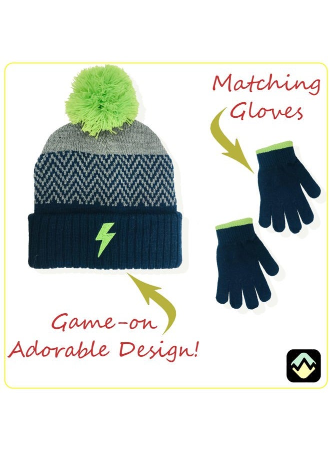 Peak 2 Peak Designed Weather Beanie Hat and Gloves Set Boys ages 4-12 Years, Navy Withgreen Pompom, 4-12 Years - Image 4