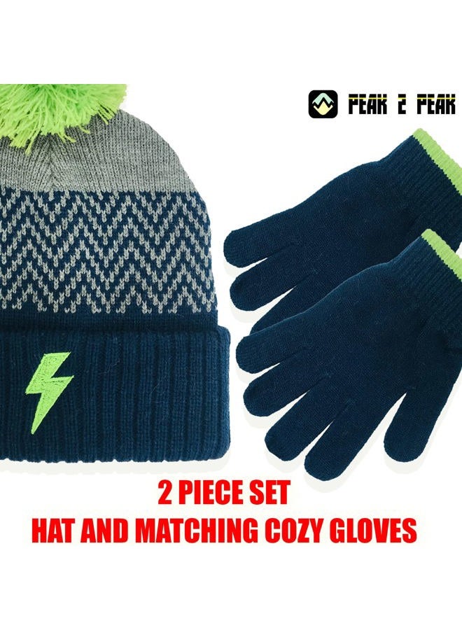 Peak 2 Peak Designed Weather Beanie Hat and Gloves Set Boys ages 4-12 Years, Navy Withgreen Pompom, 4-12 Years - Image 3