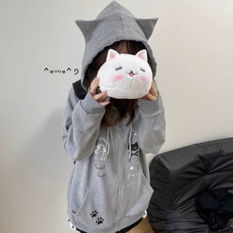 Japanese-Style Cute Gray Cat Ear Hooded Sweatshirt for Women, Autumn and Winter New Student Niche Design Soft Girl Jacket Trendy Gray [fleece style] no pilling