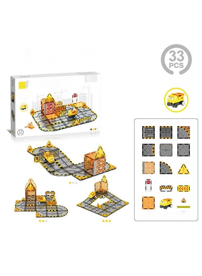Capstro Magnetic Track Building Blocks Set – 33PCS Engineering STEM Construction Track Toy with Magnetic Tiles, Truck Vehicle & Road Building Pieces for Kids – Engineering Truck Set - Image 1