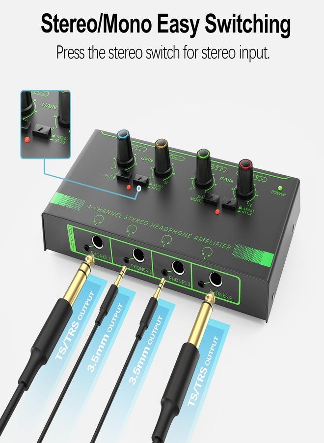 HOSONGIN 4 Channel Headphone Amplifier, Portable Mini Earphone Splitter with Independent Volume Control, Low Noise Stereo Output, Compatible with 1/4" & 1/8" TS/TRS, Ideal for Studio Stage - Image 3