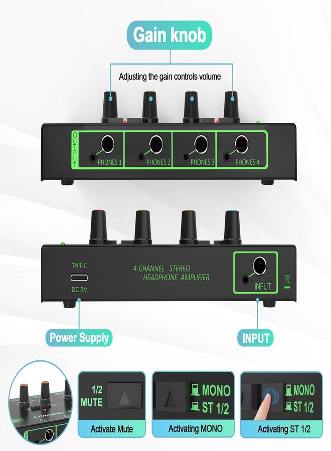 HOSONGIN 4 Channel Headphone Amplifier, Portable Mini Earphone Splitter with Independent Volume Control, Low Noise Stereo Output, Compatible with 1/4" & 1/8" TS/TRS, Ideal for Studio Stage - Image 5
