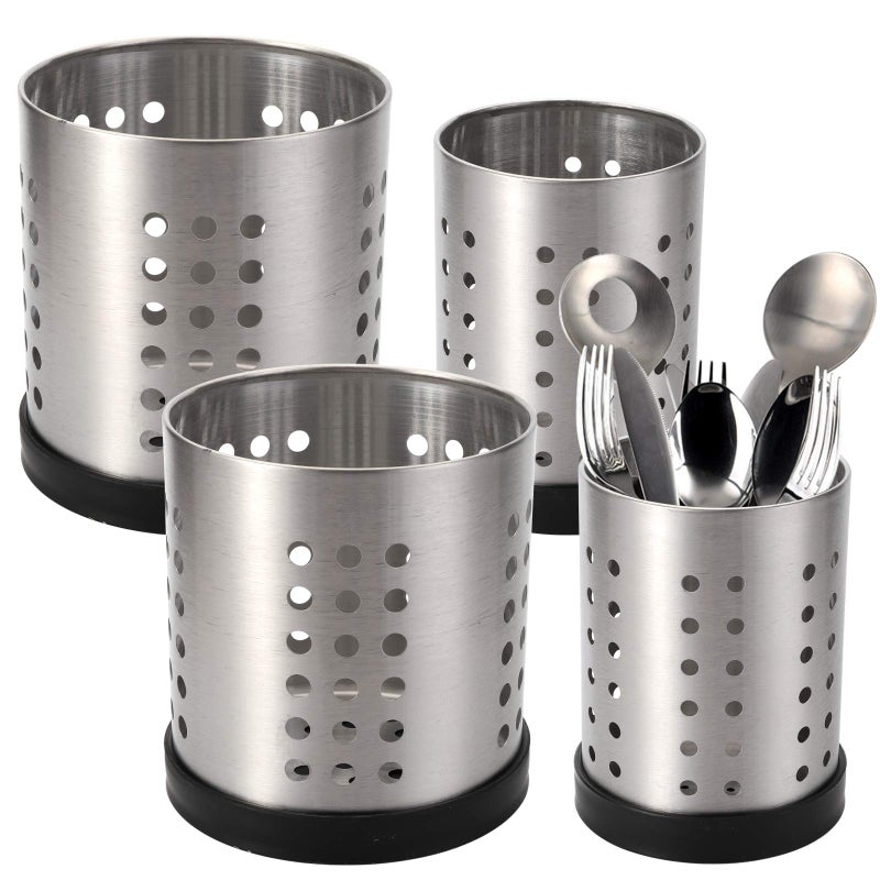 TOPZEA Set of 4 Kitchen Utensil Holder Stainless Steel Cooking Utensil Organizer Kitchen Tools Flatware Holder Utensil Drying Cylinder Countertop Silverware Caddy