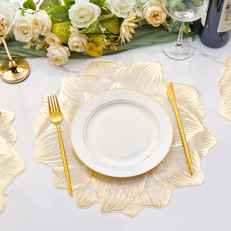 AdasBridal Gold Placemats Set of 6, Creative 3D Flower Placemats Waterproof & Oil-Proof - Metallic Pressed Vinyl Round Place Mats Fancy Decorative Table Mats for Holiday Wedding Accent Outdoor - Image 4