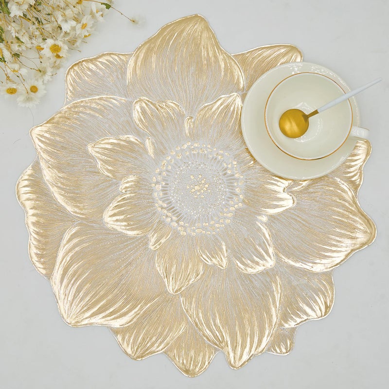 AdasBridal Gold Placemats Set of 6, Creative 3D Flower Placemats Waterproof & Oil-Proof - Metallic Pressed Vinyl Round Place Mats Fancy Decorative Table Mats for Holiday Wedding Accent Outdoor - Image 1