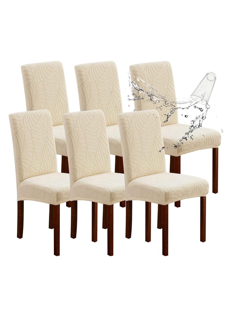 XiuWoo 6 PCS Waterproof Chair Covers for Dining Room, Stretch Jacquard Dining Chair Slipcovers, Removable Washable Chair Protector for Kitchen, Hotel, Restaurant,Beige  - Image 1