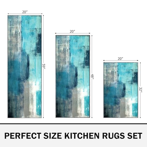TOMWISH Kitchen Mat Turquoise Kitchen Rugs Sets 3PCS Grey Abstract Art 20"X32"+20"X48"+20"X59"Kitchen Mats for Floor Washable Non-Slip Kitchen Floor Mats Decor Dining Room Office Sink Laundry - Image 5