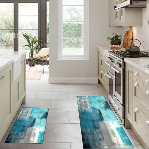 TOMWISH Kitchen Mat Turquoise Kitchen Rugs Sets 3PCS Grey Abstract Art 20"X32"+20"X48"+20"X59"Kitchen Mats for Floor Washable Non-Slip Kitchen Floor Mats Decor Dining Room Office Sink Laundry - Image 3