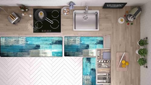 TOMWISH Kitchen Mat Turquoise Kitchen Rugs Sets 3PCS Grey Abstract Art 20"X32"+20"X48"+20"X59"Kitchen Mats for Floor Washable Non-Slip Kitchen Floor Mats Decor Dining Room Office Sink Laundry - Image 2