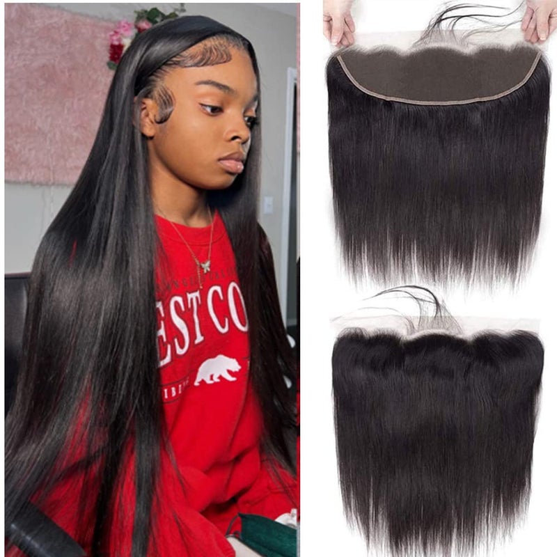 Feibin 13x4 Lace Frontal Closure 8 Inch Ear To Ear Free Part lace Closure Brazilian Silky Straight Frontal Human Hair Extensions PrePlucked Frontals Closure Natural Black Color
