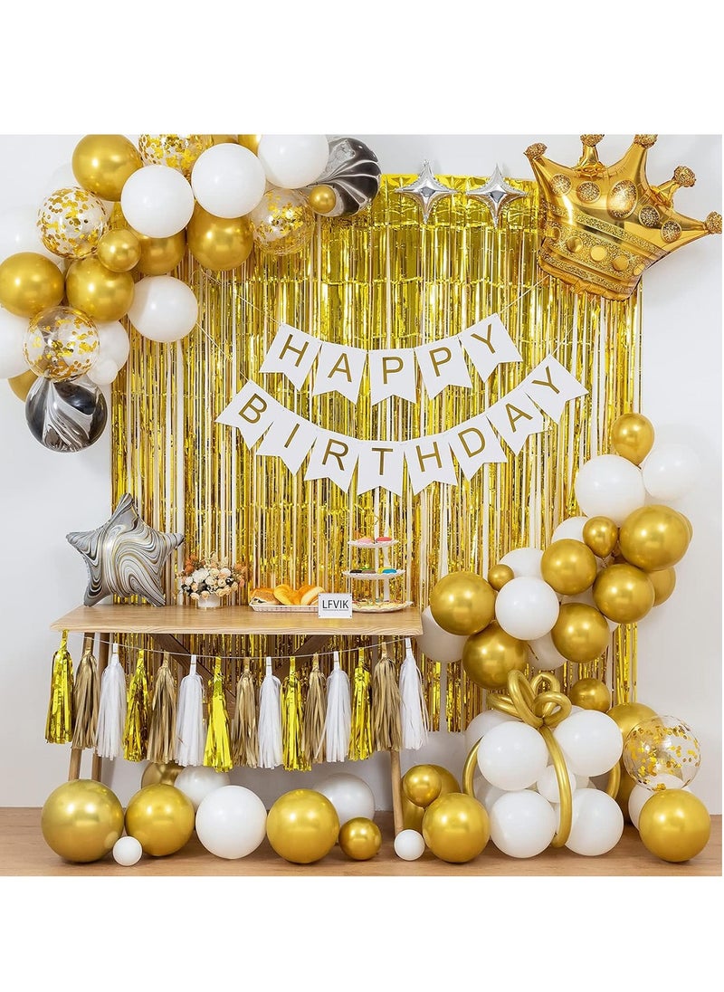 xppier White Gold Birthday Party Decoration Set, Happy Birthday Banner DIY Decoration Set  - Image 1