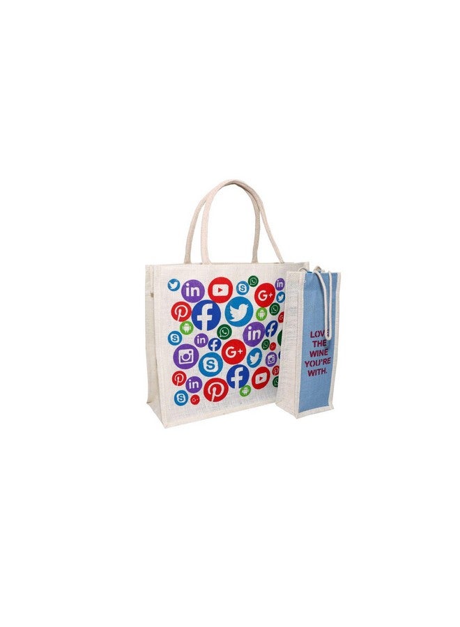 FLIHAUT¬Æ Eco-Friendly Reusable Pack of 2 Unisex Printed Multipurpose Grocery, Shopping, Tiffin, Zipper Social Media Print Jute Bags -L-18 W-6.5 H-15 Inches &Bottle Cover -H-15 W-4 L-5 Inches - Image 1