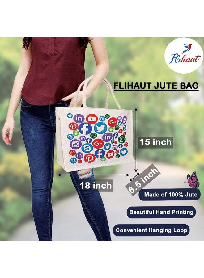 FLIHAUT¬Æ Eco-Friendly Reusable Pack of 2 Unisex Printed Multipurpose Grocery, Shopping, Tiffin, Zipper Social Media Print Jute Bags -L-18 W-6.5 H-15 Inches &Bottle Cover -H-15 W-4 L-5 Inches - Image 4