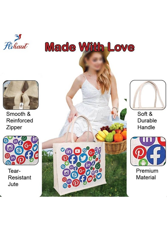 FLIHAUT¬Æ Eco-Friendly Reusable Pack of 2 Unisex Printed Multipurpose Grocery, Shopping, Tiffin, Zipper Social Media Print Jute Bags -L-18 W-6.5 H-15 Inches &Bottle Cover -H-15 W-4 L-5 Inches - Image 5