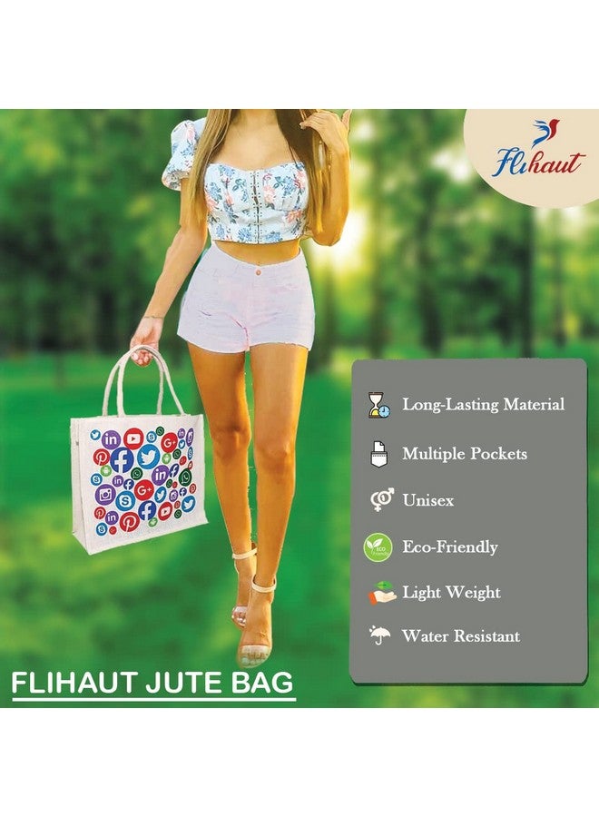 FLIHAUT¬Æ Eco-Friendly Reusable Pack of 2 Unisex Printed Multipurpose Grocery, Shopping, Tiffin, Zipper Social Media Print Jute Bags -L-18 W-6.5 H-15 Inches &Bottle Cover -H-15 W-4 L-5 Inches - Image 3