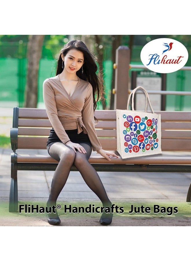 FLIHAUT¬Æ Eco-Friendly Reusable Pack of 2 Unisex Printed Multipurpose Grocery, Shopping, Tiffin, Zipper Social Media Print Jute Bags -L-18 W-6.5 H-15 Inches &Bottle Cover -H-15 W-4 L-5 Inches - Image 2