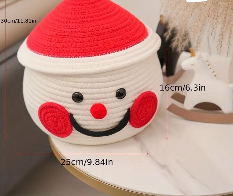 JUTEIFY Juteify Cute Santa Handmade Jute Cotton Thread Rope Basket Woven Storage Basket With Cap Nursery Organizers And StorageKids Basket Toy Bin Red and White - Image 4