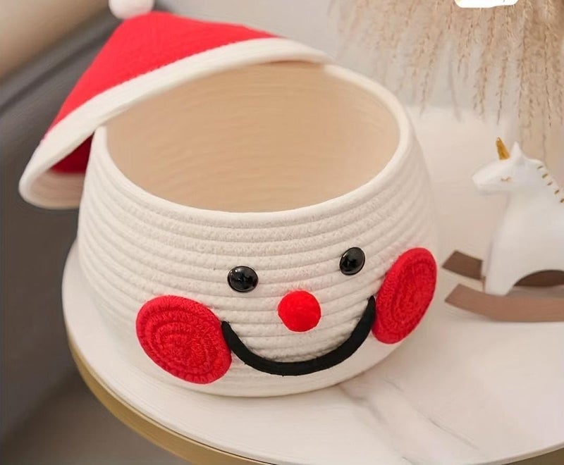JUTEIFY Juteify Cute Santa Handmade Jute Cotton Thread Rope Basket Woven Storage Basket With Cap Nursery Organizers And StorageKids Basket Toy Bin Red and White - Image 1