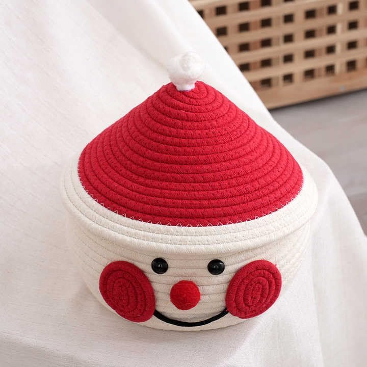 JUTEIFY Juteify Cute Santa Handmade Jute Cotton Thread Rope Basket Woven Storage Basket With Cap Nursery Organizers And StorageKids Basket Toy Bin Red and White - Image 2