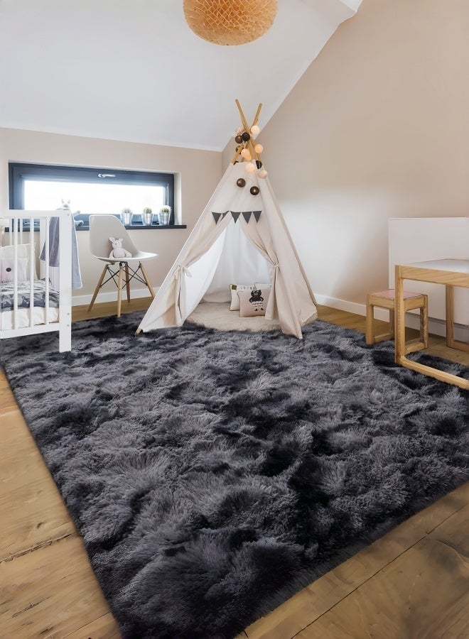 LOKIPA Large Area Living Room Rug, Modern Super Soft Plush Shaggy Bedroom Carpet, Dark Gray Tie-Dye Pattern, Silver Indoor Nursery Rug for Girls and Home Decor, Floor Carpet Mat - Image 4