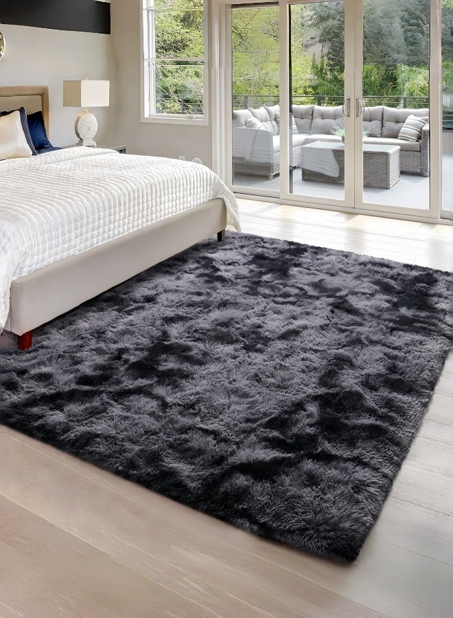 LOKIPA Large Area Living Room Rug, Modern Super Soft Plush Shaggy Bedroom Carpet, Dark Gray Tie-Dye Pattern, Silver Indoor Nursery Rug for Girls and Home Decor, Floor Carpet Mat - Image 3