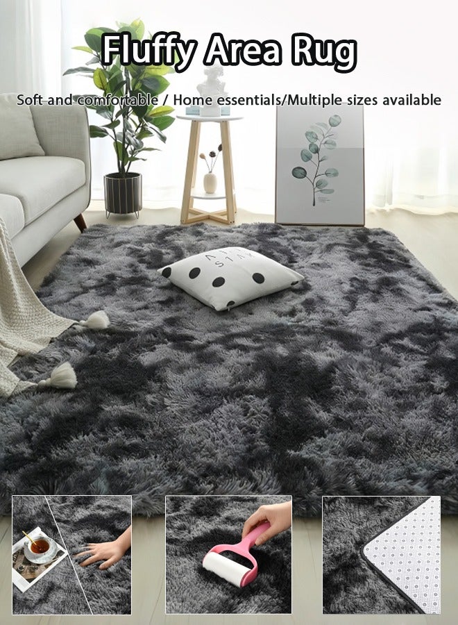 LOKIPA Large Area Living Room Rug, Modern Super Soft Plush Shaggy Bedroom Carpet, Dark Gray Tie-Dye Pattern, Silver Indoor Nursery Rug for Girls and Home Decor, Floor Carpet Mat - Image 1