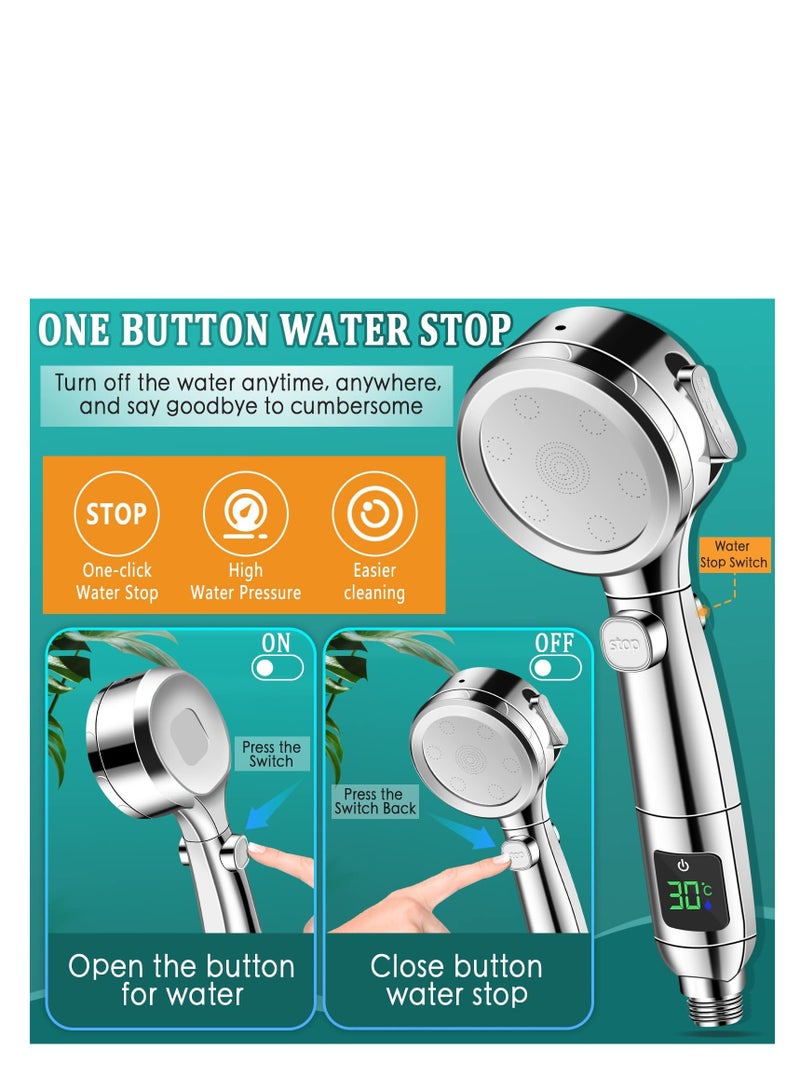 SYOSI Shower Head Water Saving Shower Head with Pressure Increase 4 Jet Settings, Universal Large Energy Shower Head Temperature Display One Button Pause Switch - Image 3
