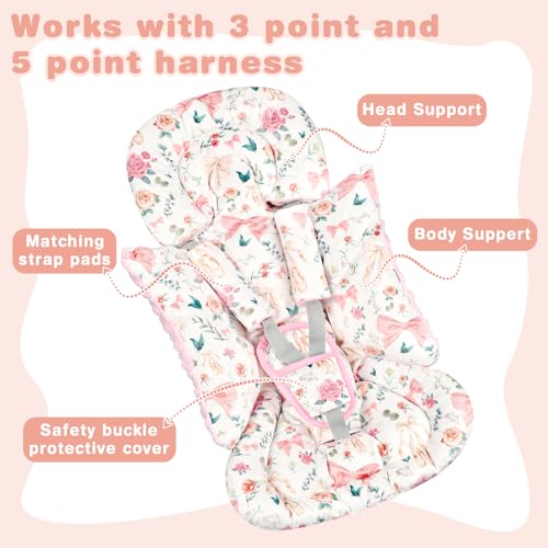 GFU 3-in-1 Infant Car Seat Insert, Soft Head and Body Support,Ultra & Strap Covers Set, Reversible Newborn Car Seat Cushion Pad for Baby Boy & Girl fits Stroller, Swing, Bouncer (Pink Bow) - Image 3