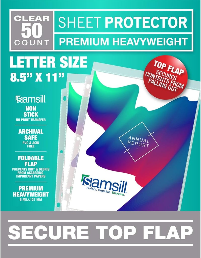 Samsill Sheet Protectors 85x11 Inch Page Protectors for 3 Ring Binder Super Heavy Duty Secure Top Flap Protector Letter Size Top Loading Acid Free 50 Pack - Image 1