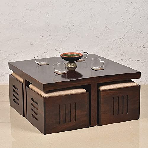 Md Decor Solid Sheesham Coffee Table 4 Seater with Four Stool for Living Room Center Coffee Table for Bedroom,Cafe, Home &Office (Cream Brown) - Image 3