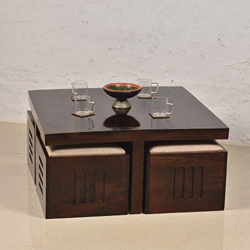 Md Decor Solid Sheesham Coffee Table 4 Seater with Four Stool for Living Room Center Coffee Table for Bedroom,Cafe, Home &Office (Cream Brown) - Image 1