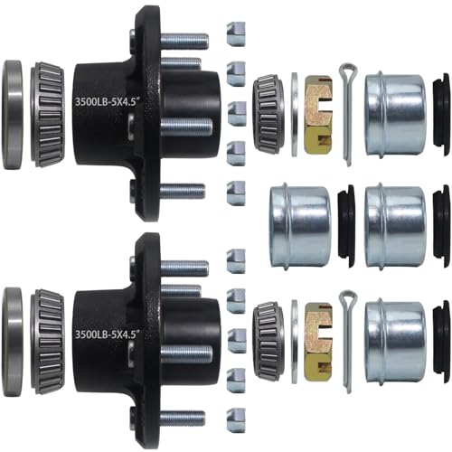iBroPrat 2 Sets 3500lb Trailer Hub Kit 5 Bolt 4.5, Trailer Axle Kit for 3500 lb 5 Lug Diameter 6.34" Trailer Hub with L44649(I.D 1-1/16'') L68149(I.D 1-3/8'') Bearing Extra Dust Cap and Rubber Plug - Image 1