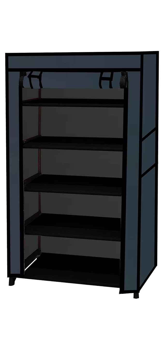 PHILOSHOP PHILOSHOP 5 Tier Collapsible Wardrobe Clothes Organizer Adjustable Racks Space Saving Foldable Stand Multipurpose Storage Shelves Lightweight Cabinet for Men Women Kids with Cover Black - Image 2
