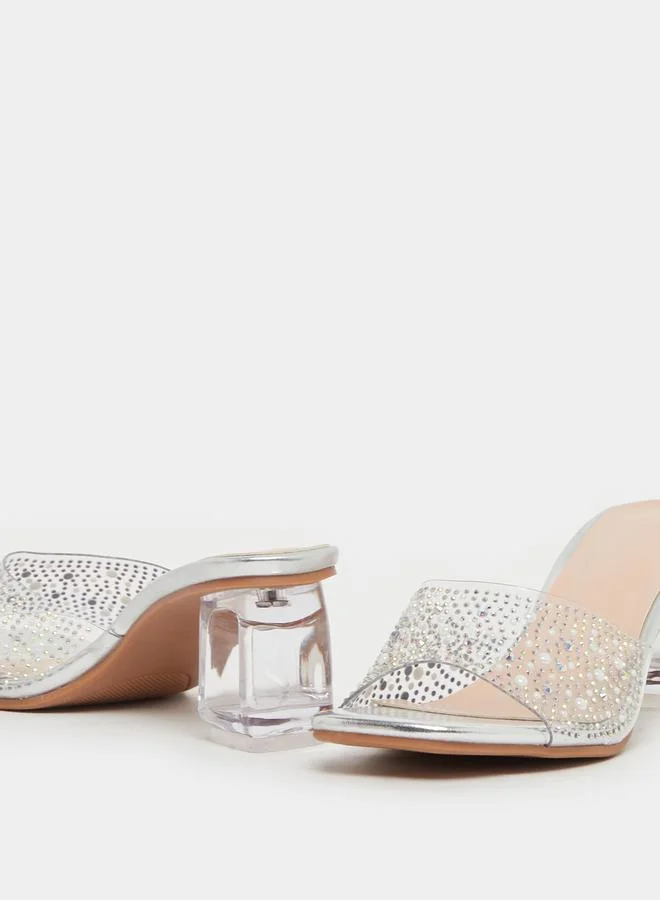 Take Two Embellished Transparent Strap Block Heel Sandals by Styli