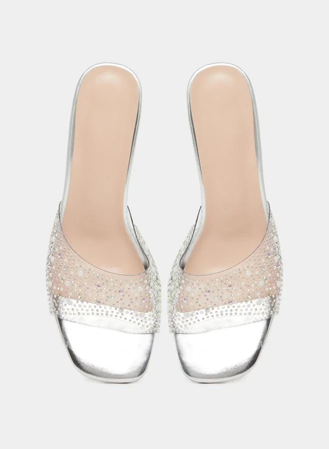 Take Two Embellished Transparent Strap Block Heel Sandals by Styli